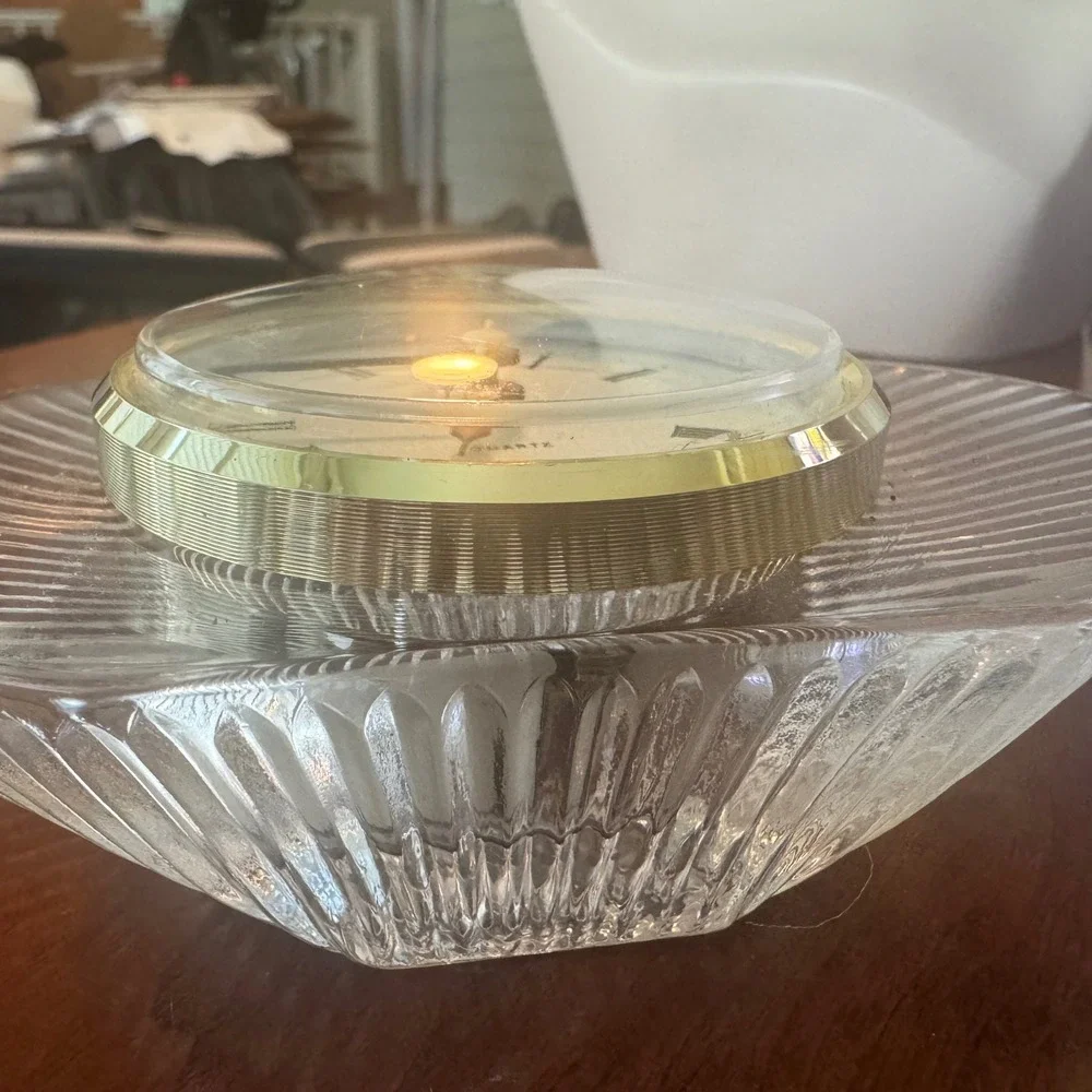Vintage PS West Germany Quartz Fluted Glass Oval Desk Clock Gold Tone MCM